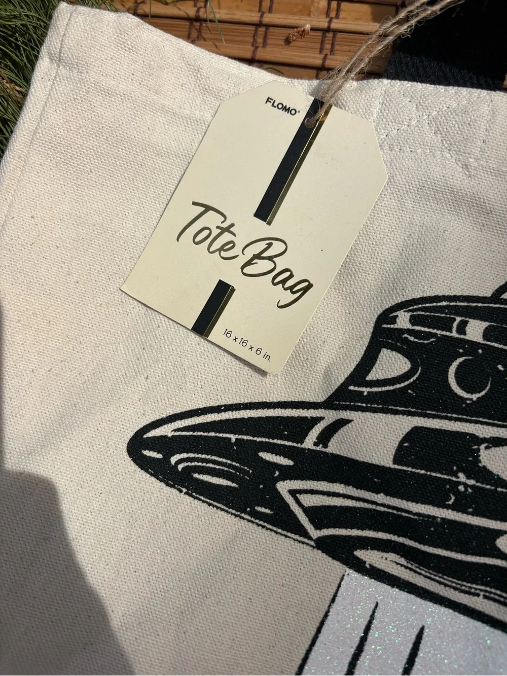 Canvas Tote Bag with UFO Graphic - Black & White